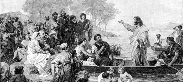 Illustration showing Jesus preaching from a boat and sharing the gospel message